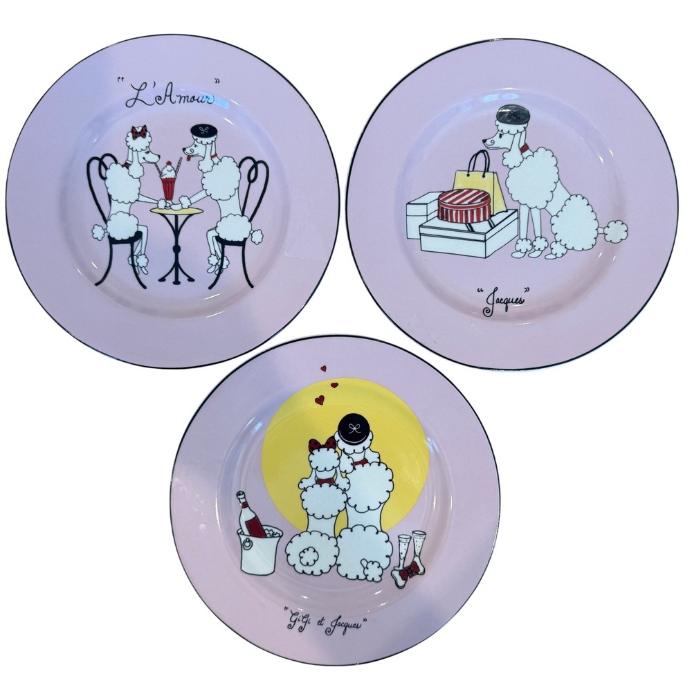 American‎ Atelier Paris Pink Poodle Porcelain Salad Plates Set 3 Canapés Dessert